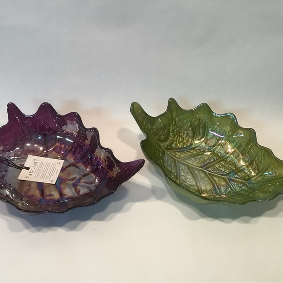 Akcam Glass Bowl Iridescent Frosted Leaf Shape Art Handmade Turkey Green Purple - Picture 4 of 14